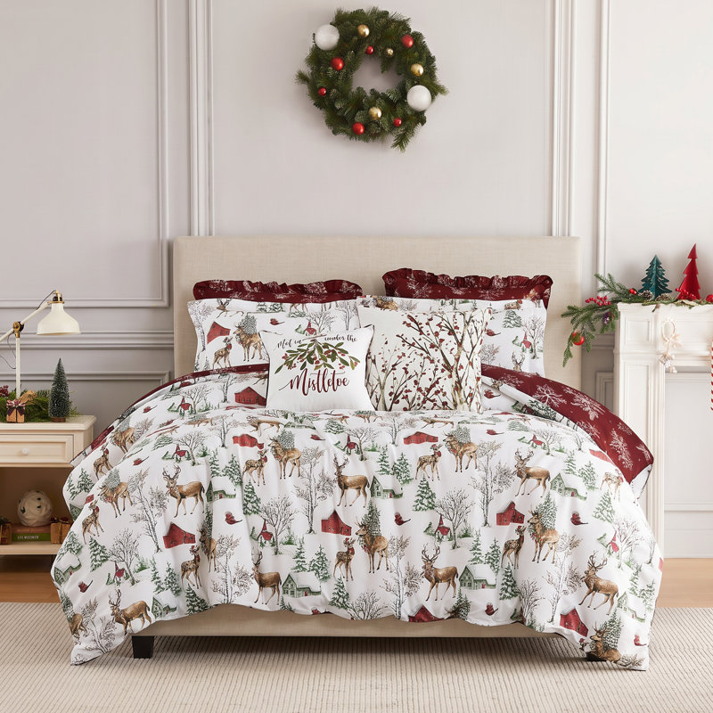Southshore Fine Linens White Christmas Reversible Comforter Bedding Set, 7-Piece with 1 Comforter, 2 King Shams, 2 Euro Shams, 1 Throw Pillow and 1 Pillow Cover, King/California King