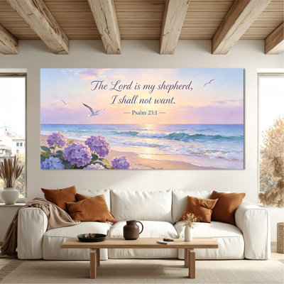 Large Christian Wall Art Coastal Sunrise Serenity Canvas Painting Picture, Psalm 23:1 Bible Verse Artwork Print Art for Living Room Bedroom, Picture Wall Decor, Wrapped Canvas Frame, 28×58 Inches
