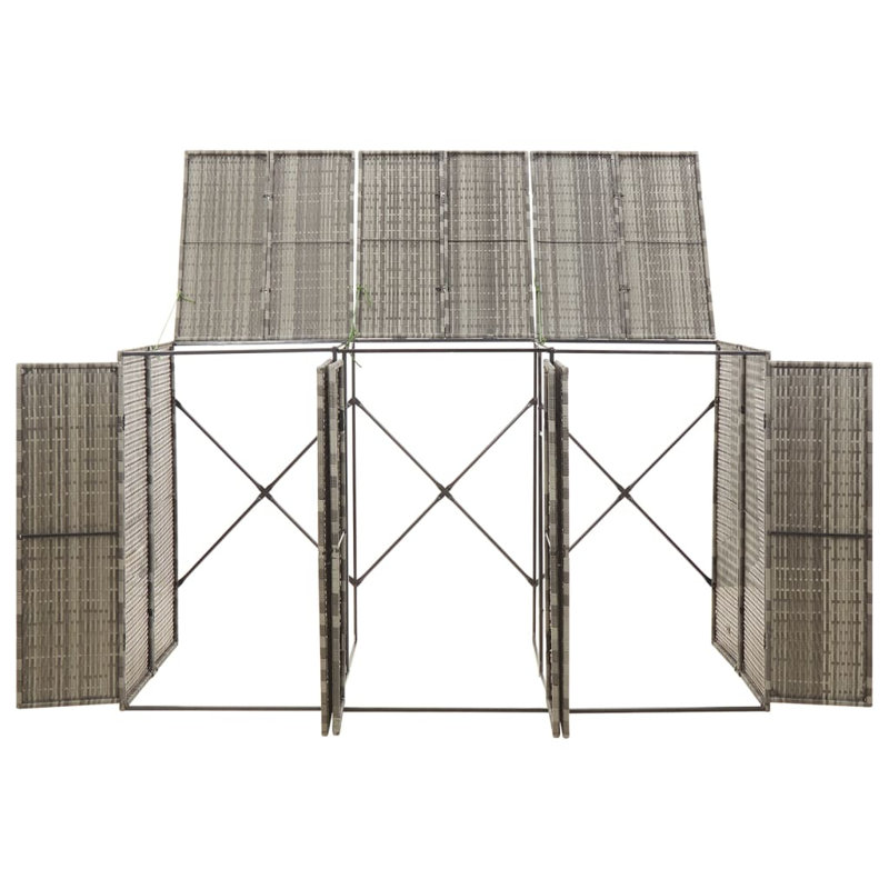 Gray Poly Rattan Triple Bin Shed with Steel Frame