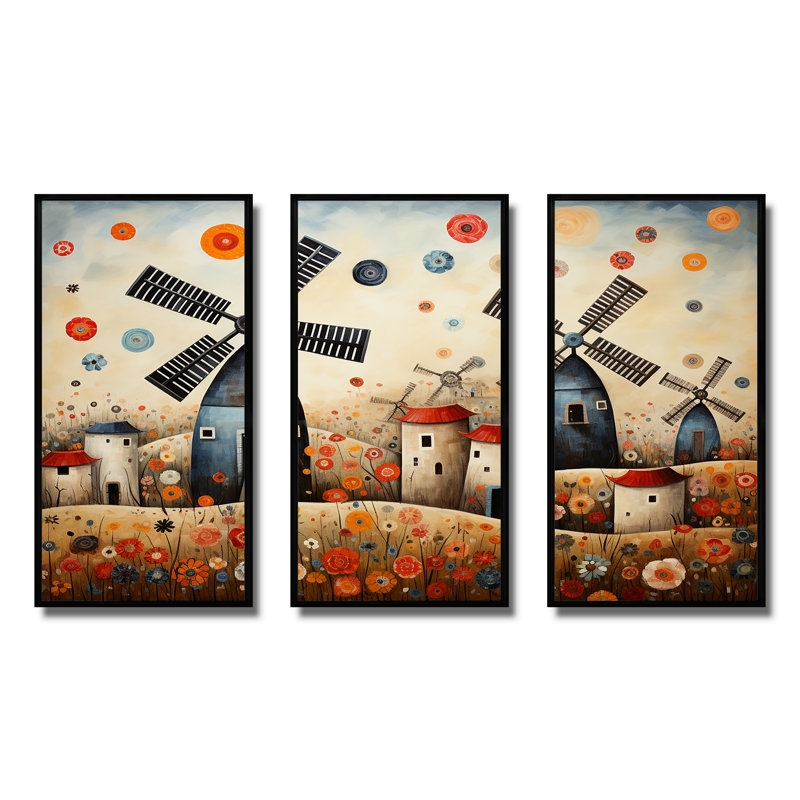 Folk Art Wind Turbines Village V - Wind Turbines Wall Art, Cadre flottant noir, H 28 po x l 36 po