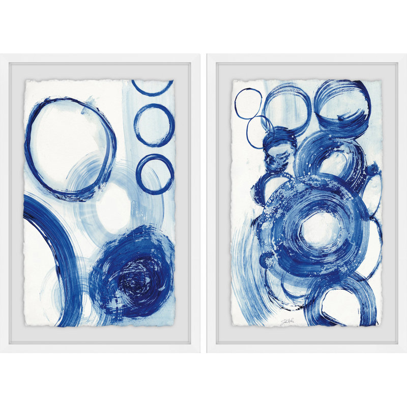 « painted blue cercles diptych », ensemble de 2 reproductions de peintures à l’aquarelle encadrées