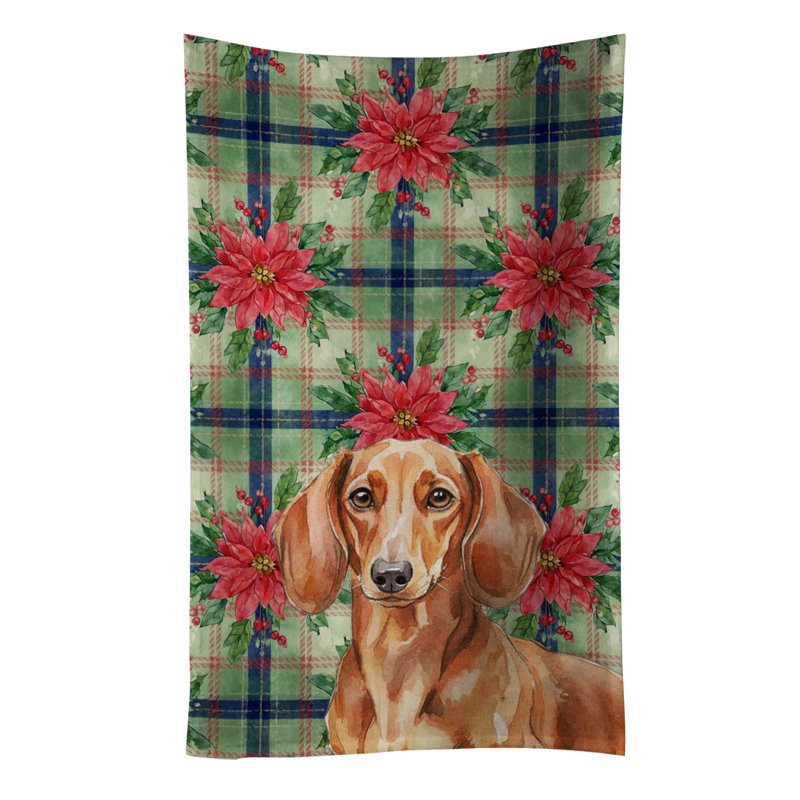 Red Brown Dachshund Christmas PoinsettIas Kitchen Towel, Red Brown Dachshund