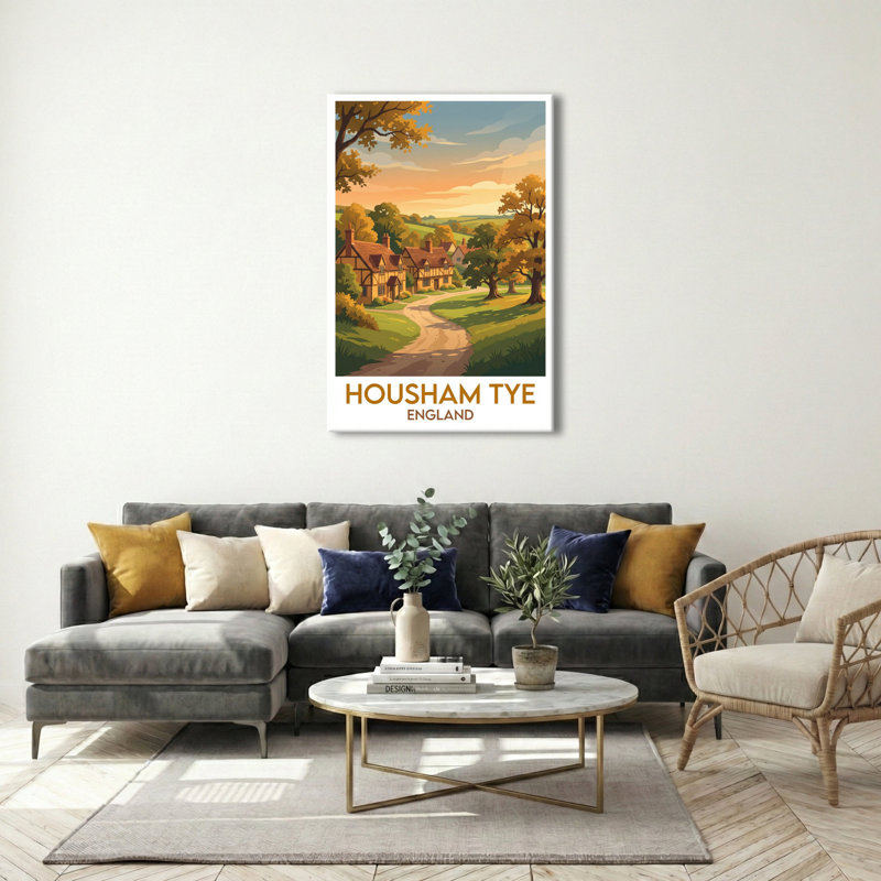 Housham Tye, England - Romantic Countryside Travel Poster of an Idyllic English Village. Giclee Print on Wrapped Canvas. Wall Art, Home Decor - Cities & Towns, England 1 Piece Wrapped Canvas Wall Art