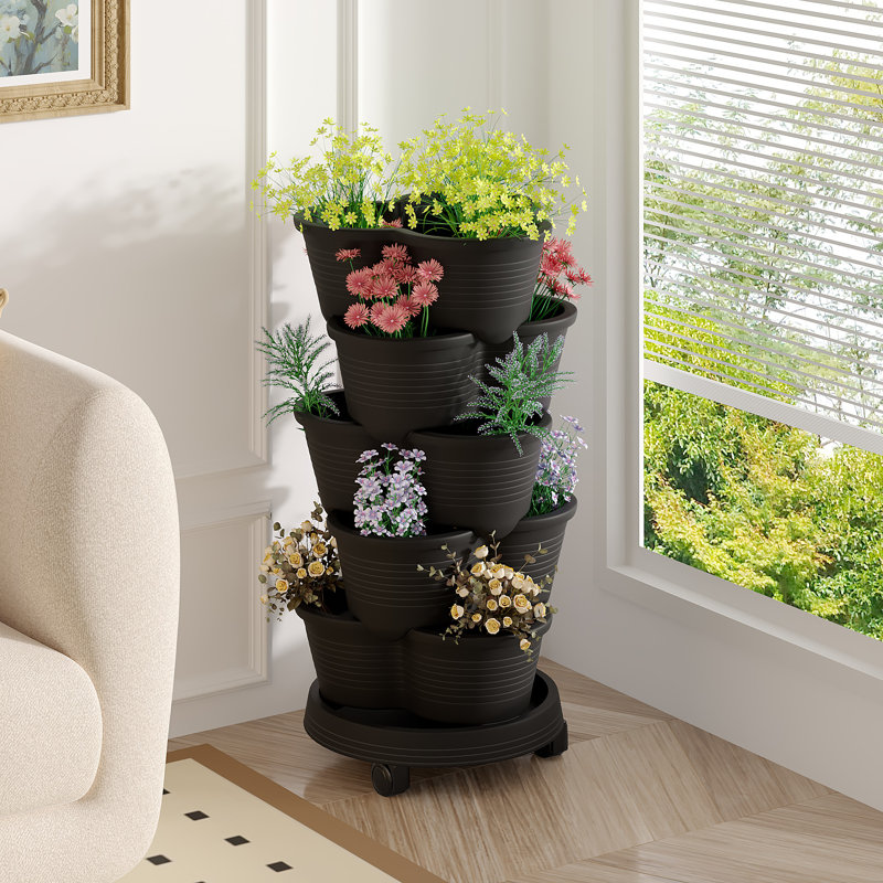 Soban Vertical Strawberry Planter, 5 Tier Hanging Vertical Gardening Planter, Stackable Garden Tower Pot For Strawberries, Flowers, Herbs, Vegetables With Removable Wheels And Hooks