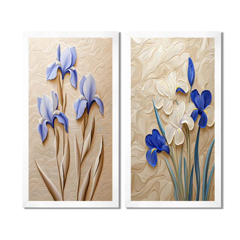 «Creamy Iris Symphony Garden I - Iris», art mural traditionnel 2 pièces, H 40 po x l 40 po, Cadre simple blanc