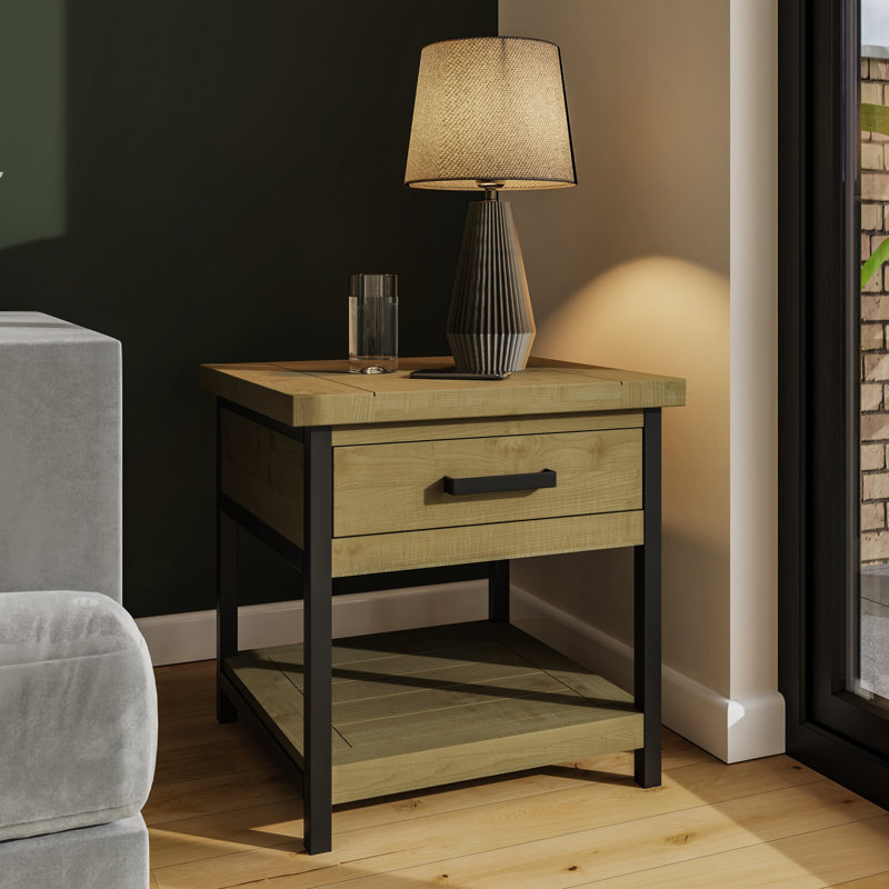 San Diego 1 Drawer Side End Lamp Table With Open Shelf. Solid Wood. Metal Frame