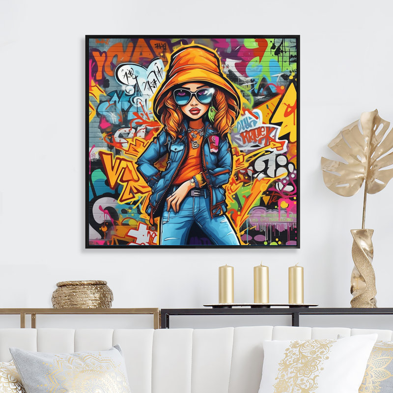 Femme graffiti sur toile, H 30 po x l 30 po x P 1 po, Cadre flottant noir