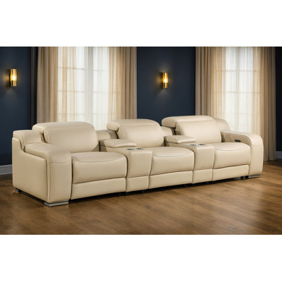 129" Beige Italian Leather Reclining USB Sofa