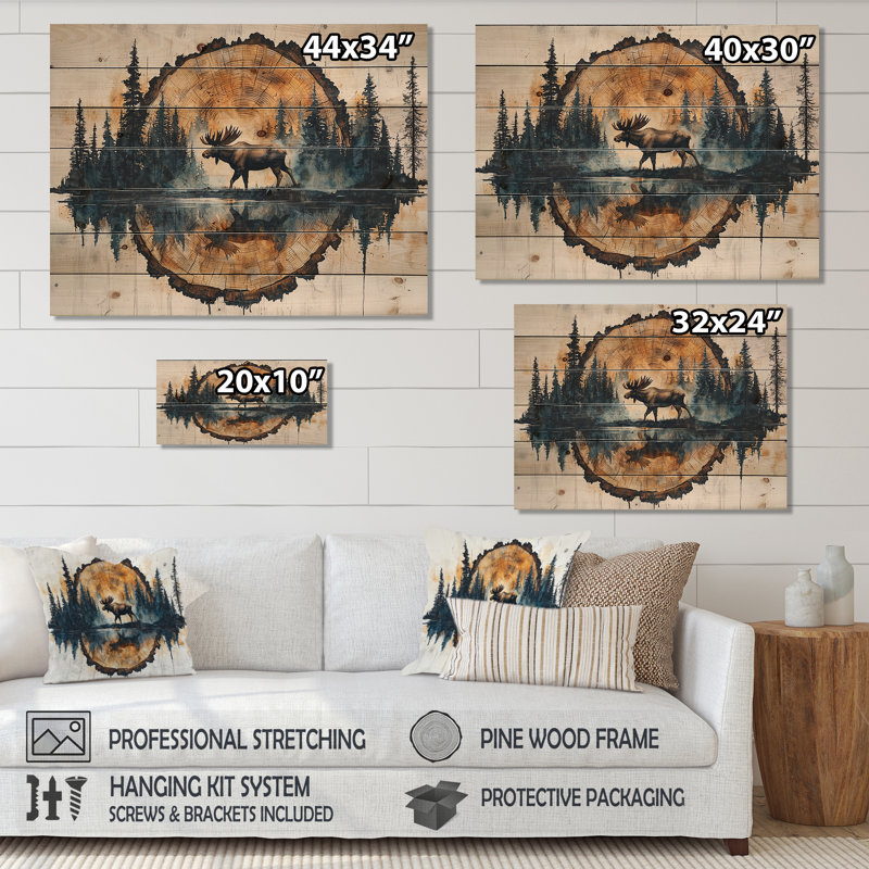 Orignal canadien dans la forêt II - Décoration murale en bois d'orignal - sur bois de pin naturel