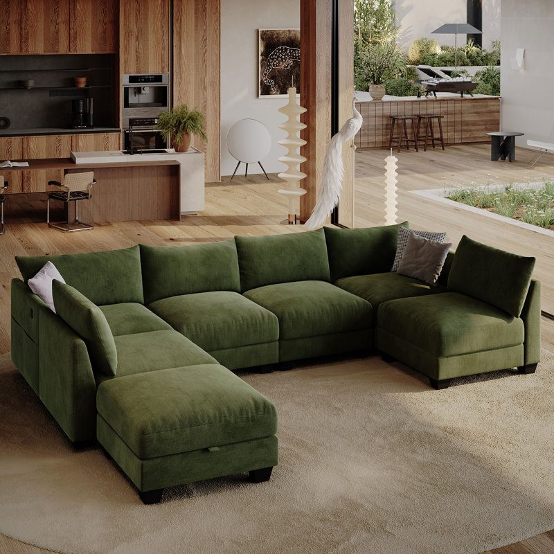 Amold 124'' 6-Seater Sectional Sofa, U-shaped Modular Sofa Cloud Couch, Comfortable Living Room Sofa With Ottoman Storage