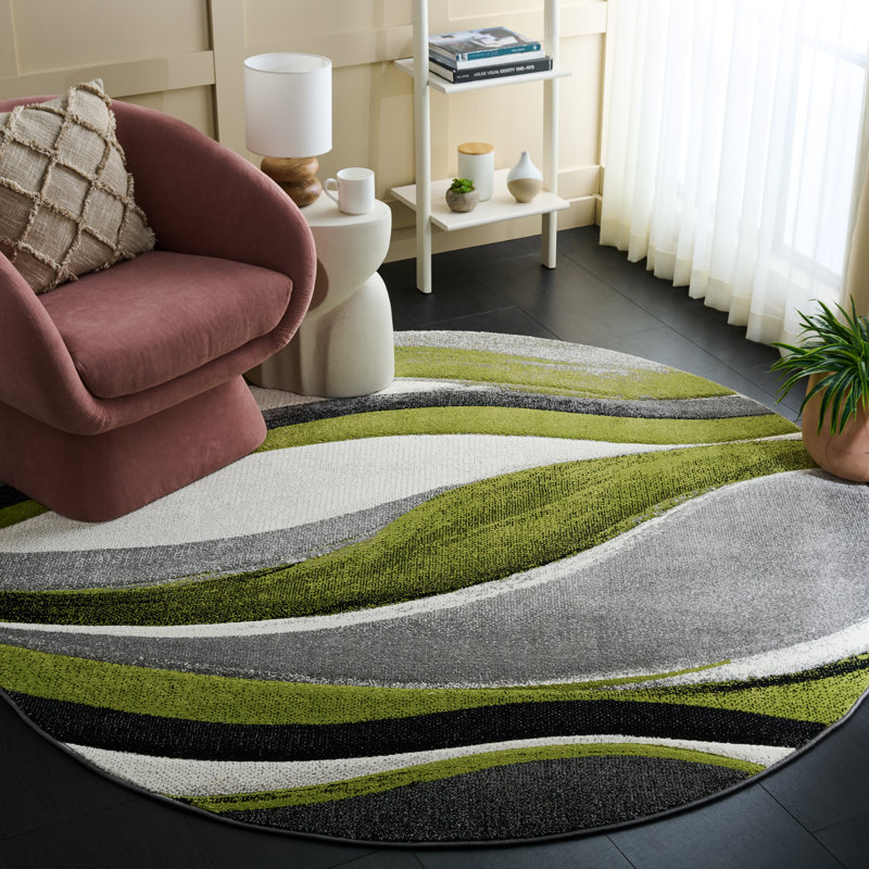Dubach Abstract Machine Made Power Loom Polypropylene Indoor Area Rug in Gray/Green/White, Round 6'7"