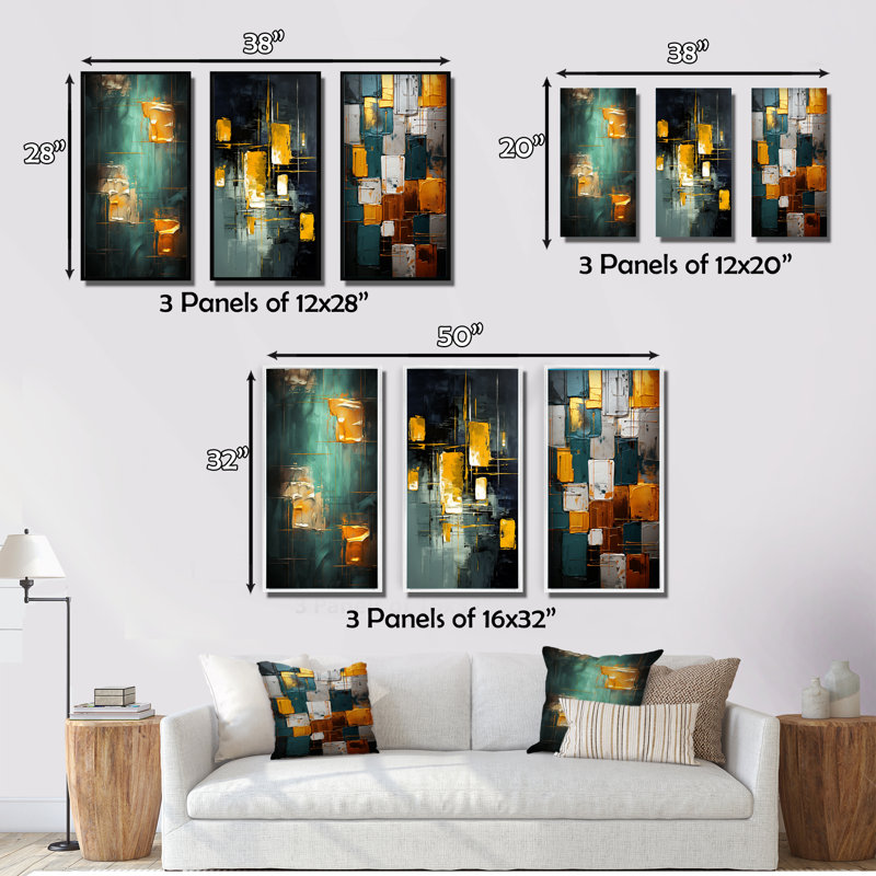 Yellow Interlude Abstract Expressionism Teal III - Abstract Painting Art Set Of 3 Pieces, Cadre flottant noir