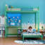 Lit superposé simple au-dessus d'un lit simple en L avec structure en métal peu encombrante avec bureau intégré et rangement, vert sauge pour les adolescents