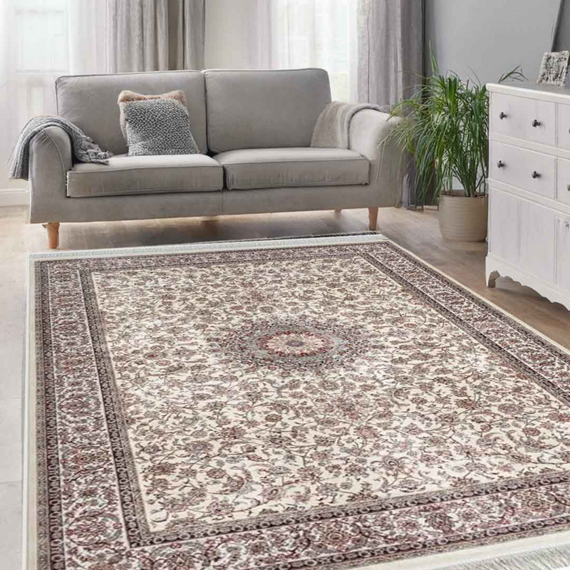 Minyatur Cream Medallion Area Rug – 100% Viscose, Low-Pile Woven Carpet for Living Room, Bedroom, or Hallway