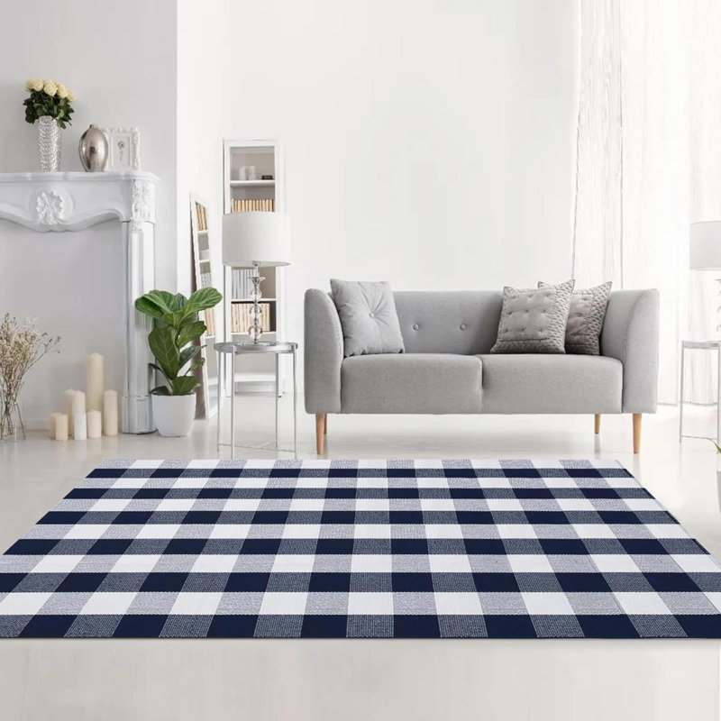 Tapis à carreaux en coton Buffalo, Bleu marine/blanc, L 48 po x L 72 po