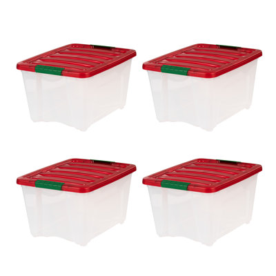 IRIS 32 Qt. Holiday Storage Buckled Clear Box, Clear Body With Red Lid & Elf Green Buckles (4-pack)