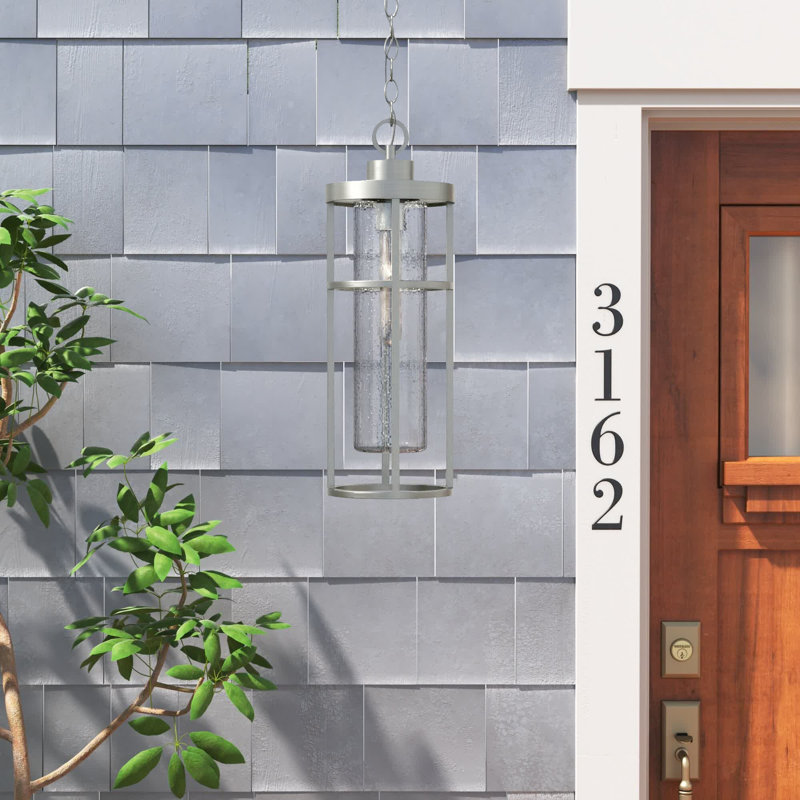 Satin Aluminum Outdoor Pendant Light with Clear Glass Shade