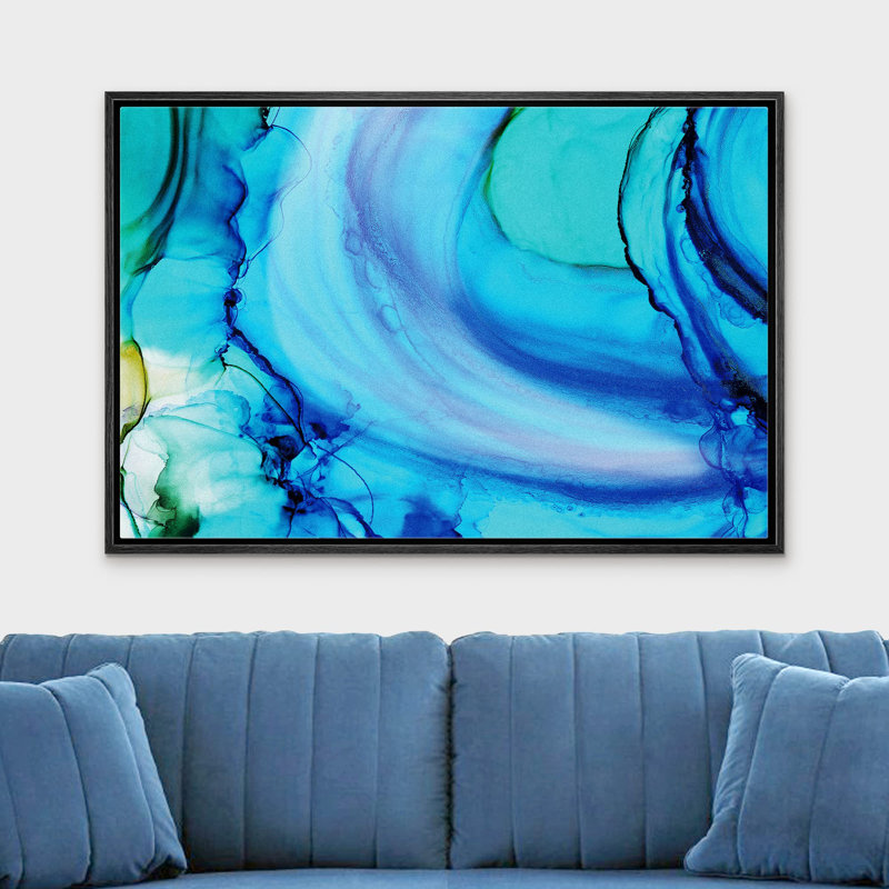 Bleu sarcelle, bleu et vert, aquarelle, fumée, collage, formes abstraites, art numérique ultra moderne, Cadre flottant noir