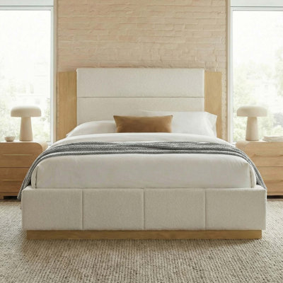 Structure de lit plateforme tapissier avec tête de lit en bois allongée, lit moderne avec base en bois, aucun sommier requis, grand lit, Boucle