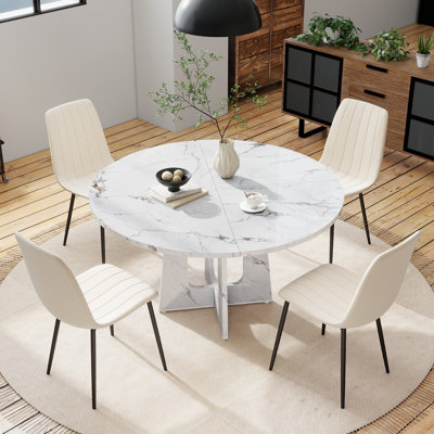 47in Round Dining Table and 4 Velvet Chairs Set,  MDF Table and Chairs with Metal Legs, Farmhouse Set for Kitchen Dining Room