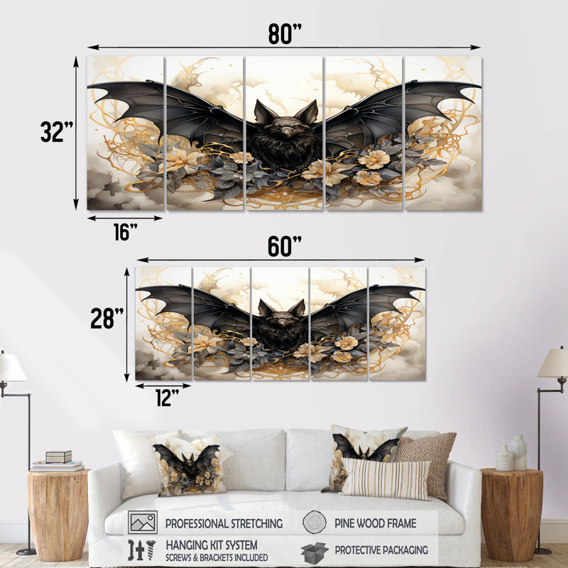 Minimalist Bat Silhouette - Bat, art mural 5 pièces, H 32 po x l 80 po