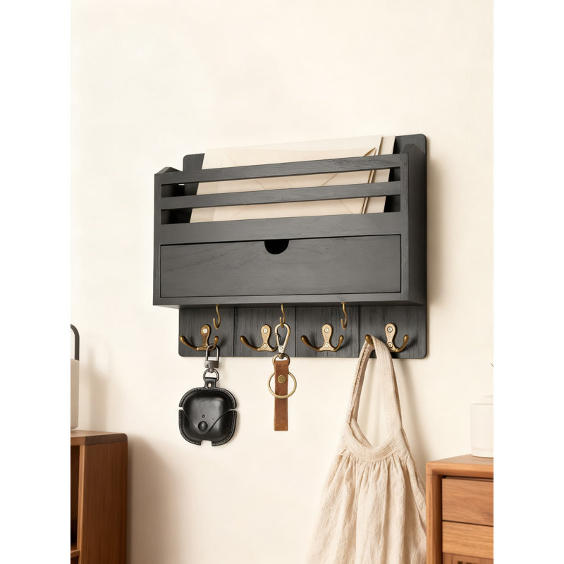 Porte-courrier mural et porte-clés avec tiroir de rangement, organisateur de hall d'entrée en bois avec 7 crochets pour clés, courrier et petits objets, décoration élégante pour la maison et le bureau
