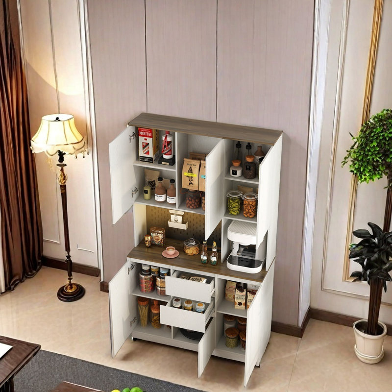 Armoire de cuisine autoportante avec 3 prises de courant alternatif et 2 ports USB, buffet moderne avec tiroir, lumières à DEL et support pour micro-ondes, armoires de buffet pour la cuisine