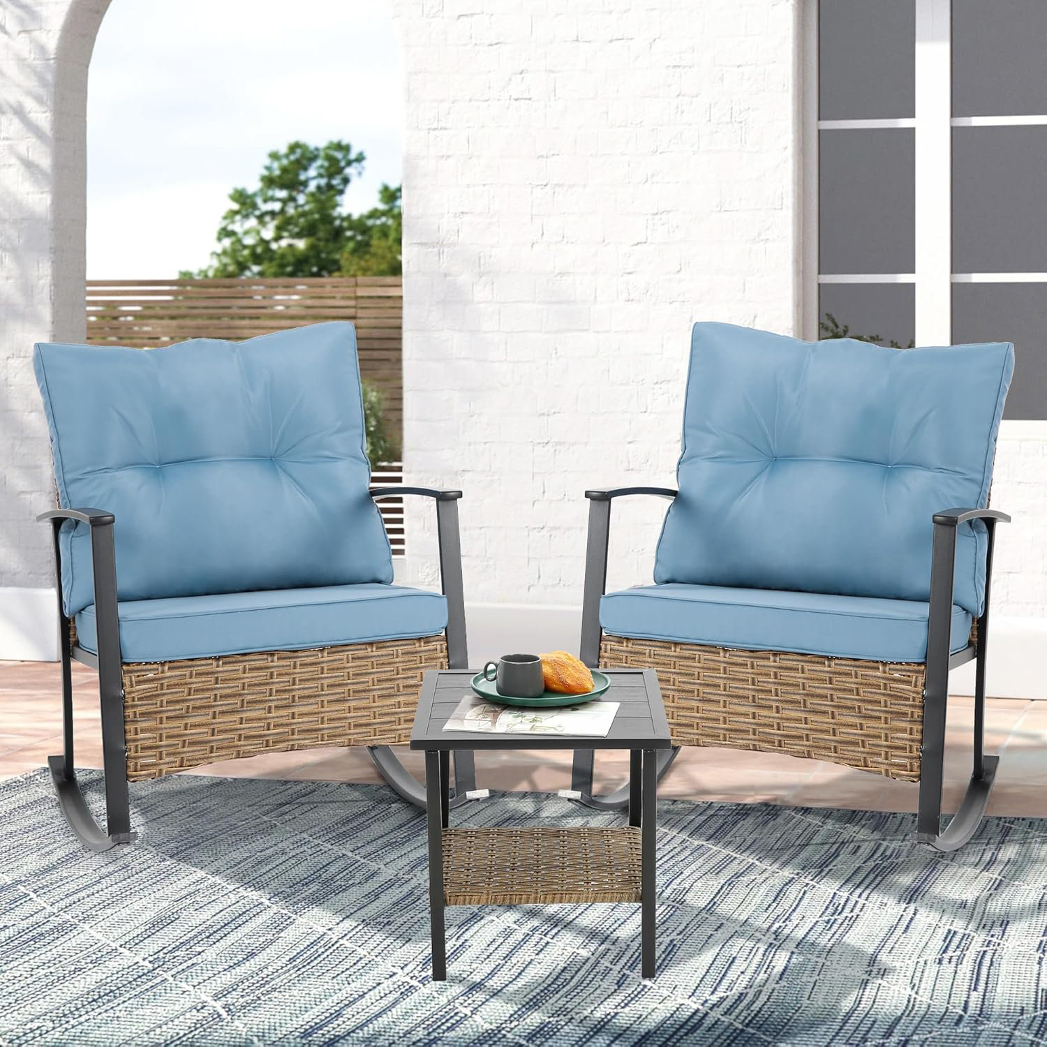 Winston Porter Outdoor Rocking Chair Set with Cushions and 2-Tier ...