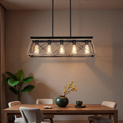 Lustre 5 lumières pour îlot de cuisine en métal naturel avec structure en cage ouverte, ampoules non incluses