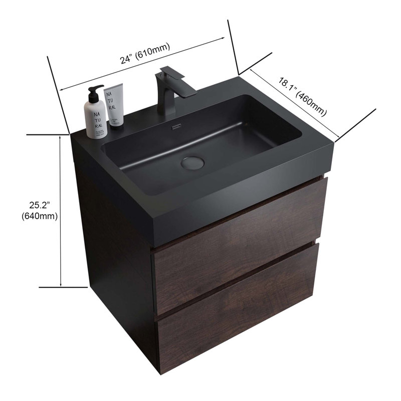 Meuble-lavabo mural moderne avec lavabo une pièce sans drain et robinet H 25,2 po x l 24 po x P 18,1 po