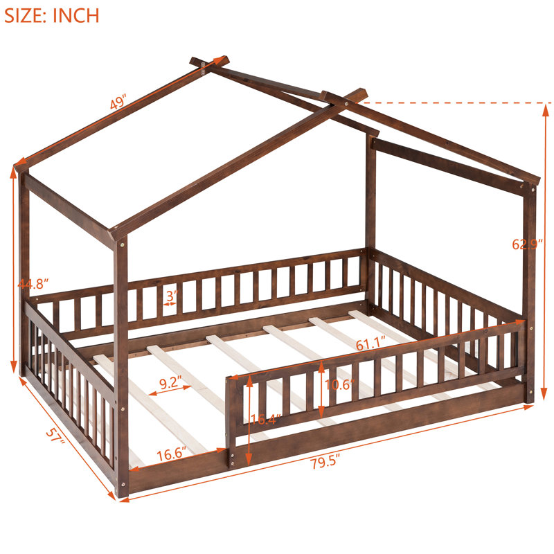 Structure de lit pleine grandeur avec clôture, finition noyer, pin, style maison de jeu pour une maison de sommeil amusante et confortable, construction en pin, espace de jeu, aménagement semi-fermé