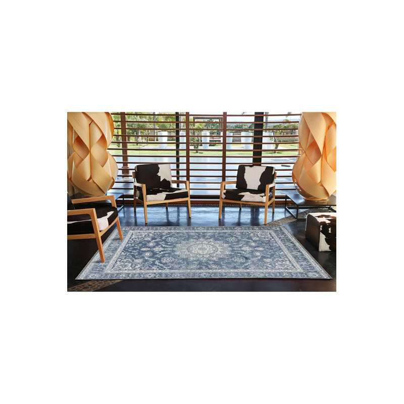 Tapis décoratif lavable à la machine bleu clair à motif floral traditionnel, Sous-tapis carré 3 pi 3 po inclus