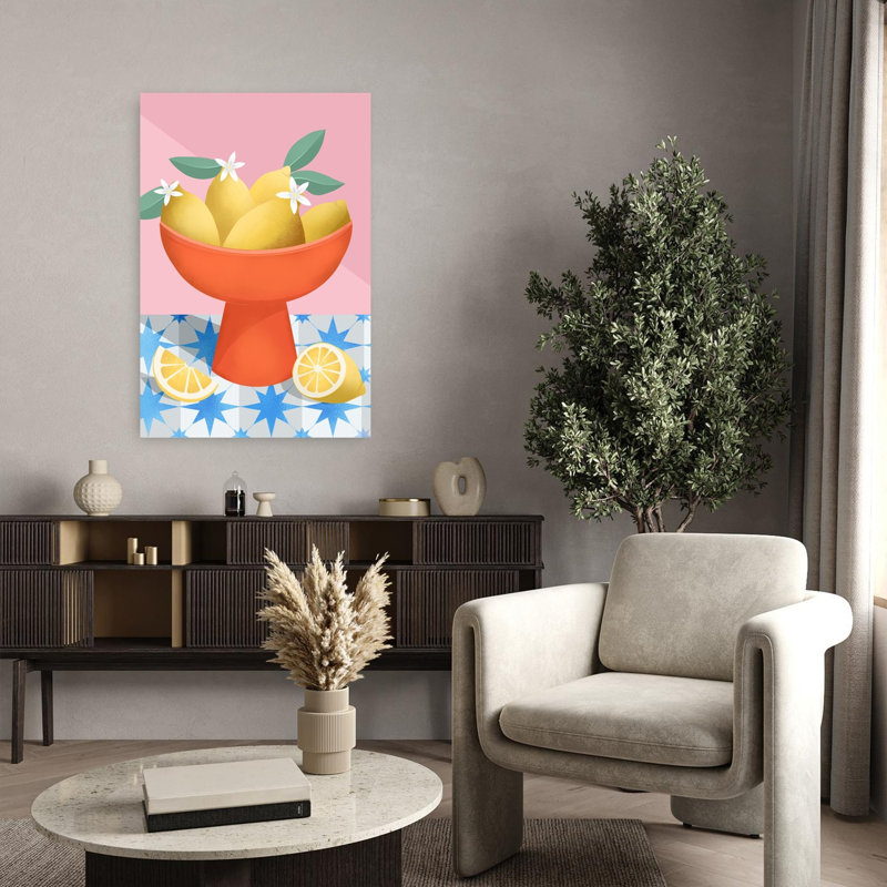 Lemons In A Red Pedestal Bowl Vibrant Abstract Contemporary Fruit Summer Wall Art Print 1 Piece Wrapped Canvas Wall Art