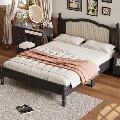 Natural Headboard Wooden Platform Queen-Size Bed - Upgrade Bedroom Luxury, Black With Alluring Attraction,