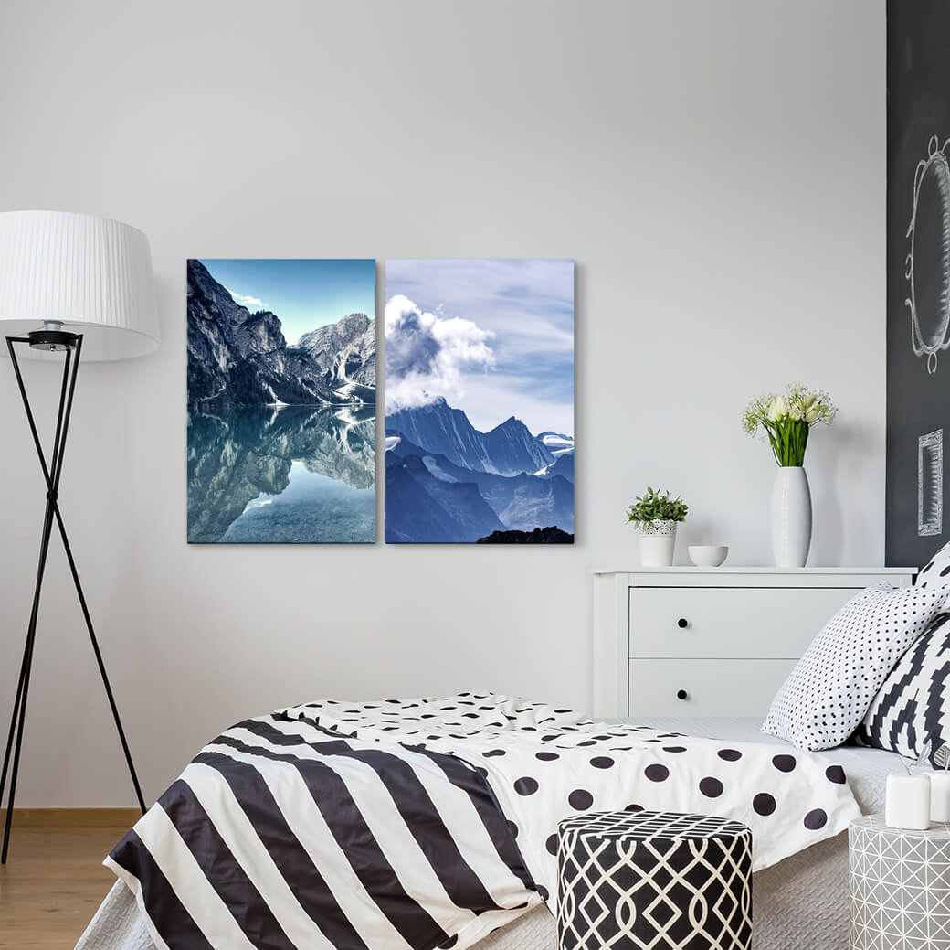 2-tlg. Leinwandbilder-Set - Fotografie "Berge Landschaft Schnee Winter Sonnenstrahlen Hill Heavenly"