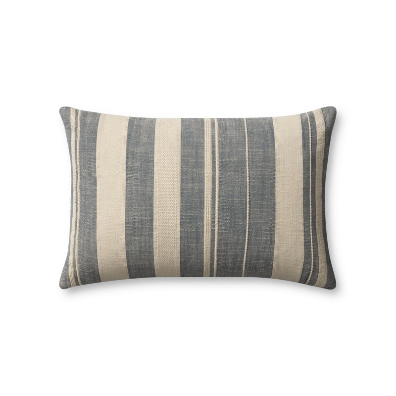 Ivory and Denim Striped Cotton Lumbar Pillow with Down Insert