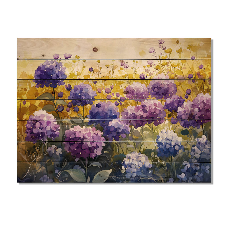 Summer Hydrangea Blooms In The Meadow I - Hydrangea Wood Wall Art - On Natural Pine Wood, 10" H x 20" W