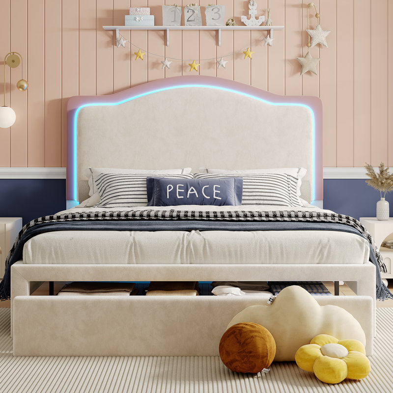 Chaille LED Bed Frames with Storage Drawer, Upholstered Platform Bed with Adjustable Headboard, Twin, White/Pink