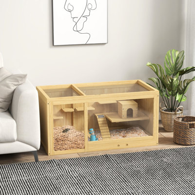 Très grand terrier de hamster - en bois, multicouche, avec balançoires à bascule, bouteille d'eau, plateau coulissant, plateau ouvert pour hamsters nains et cage en bois