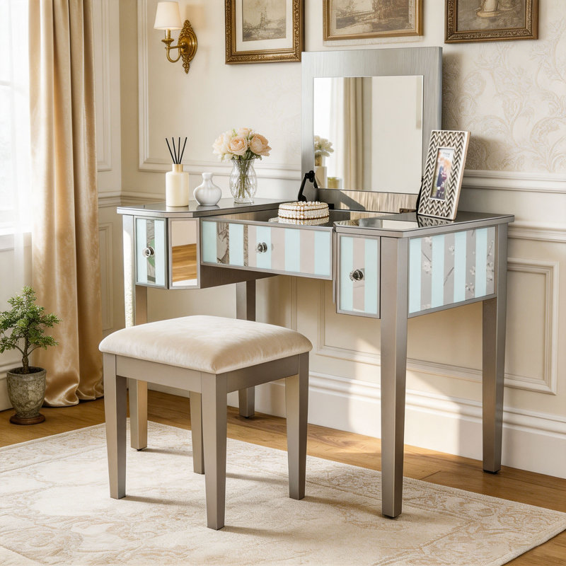 Ensemble de coiffeuse argentée avec miroir rabattable, armoire latérale extensible double, tabouret rembourré et plusieurs tiroirs pour chambre à coucher