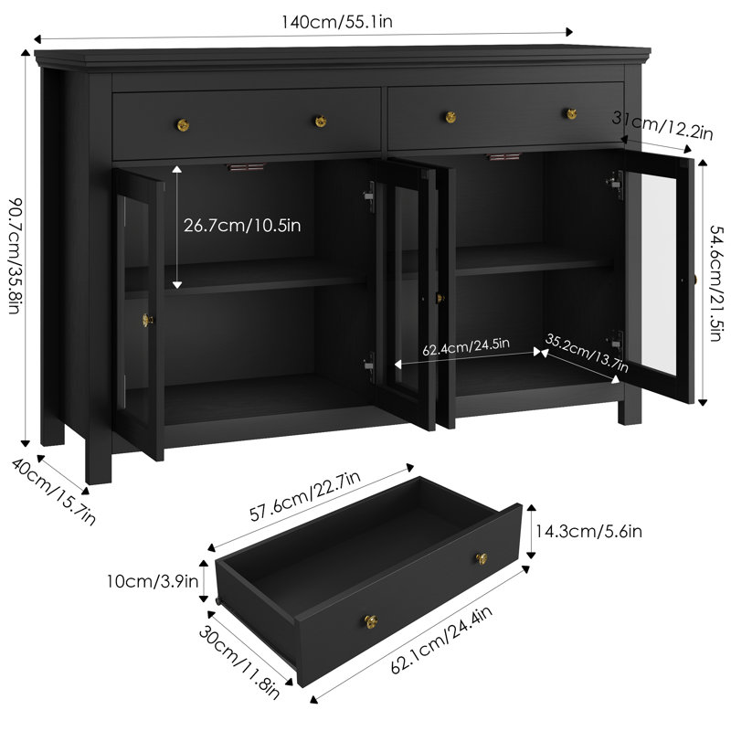 Dasir 55.1" Sideboard with 2 Drawers & 2 Cabinet, Black/Gold