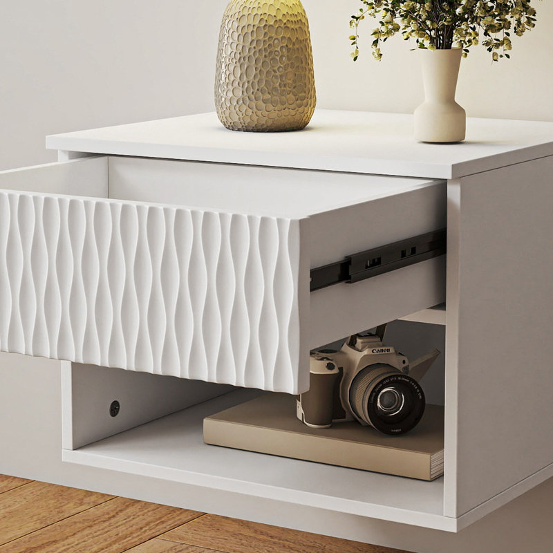 Table de chevet murale flottante en bois avec 1 tiroir de rangement et tablette (ensemble de 2), Blanc