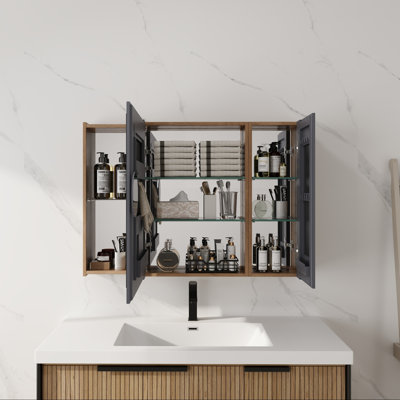 Armoire de salle de bain avec miroir 39,4 po avec combinaison de rangement, armoire à pharmacie murale avec porte à fermeture en douceur, tablettes réglables en verre, contreplaqué