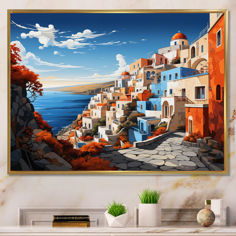 «Colorful Santorini Cityscape Popart III», reproduction d'art sur toile, Cadre flottant doré, H 12 po x l 20 po x P 1 po