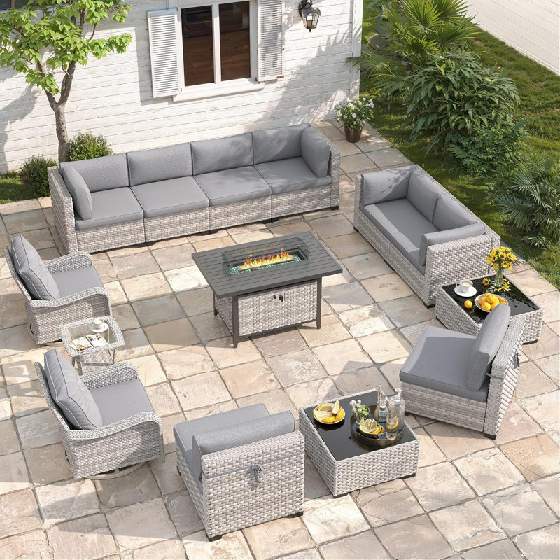 10 - Person Outdoor Wicker Patio Conversation Furniture Set with Fire Pit Table, Gray