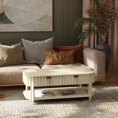 Solid Wood Modern Coffee Table with Hidden Drawers and Storage Shelf – White-washed  Finish, Fluted Design, Living Room Coffee Table