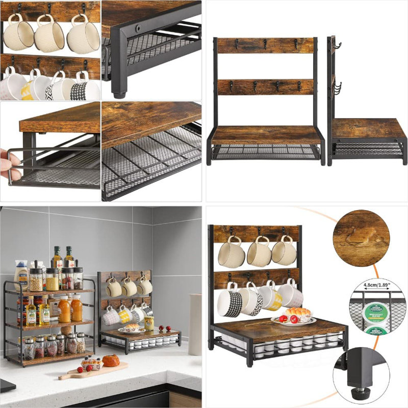 Organisateur de dosettes et de tasses à café avec tiroir et crochets, station de café industrielle rustique pour comptoir de cuisine, peut contenir 35 K-Cups et 8 tasses, solution de rangement de bar à café peu encombrante