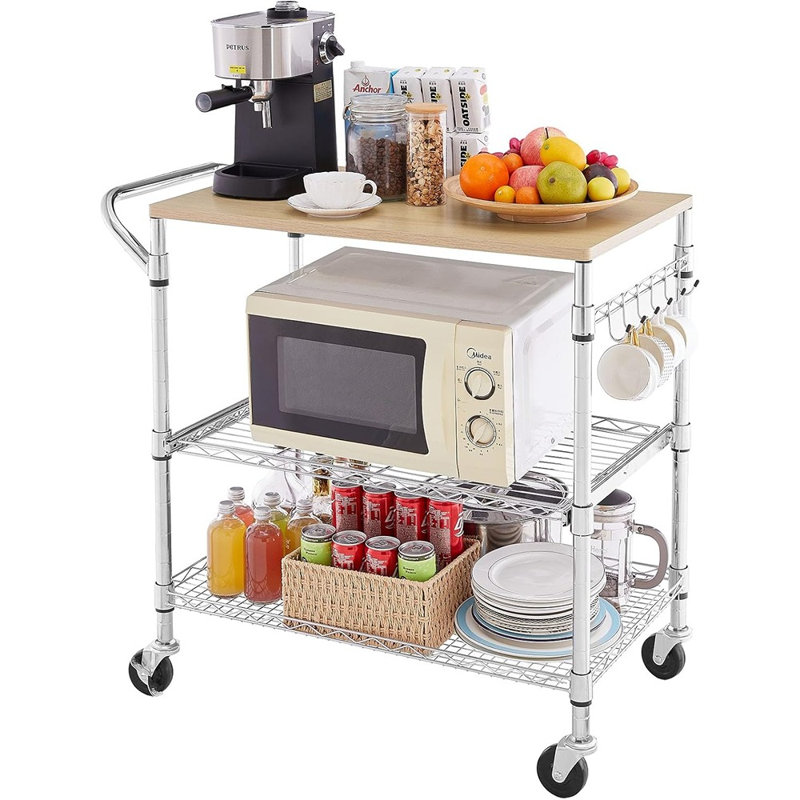 Chariot de cuisine roulant avec plateau en bois, îlot de cuisine sur roulettes avec tablette coulissante et crochets, support pour micro-ondes et chariot à café pour le rangement de la cuisine