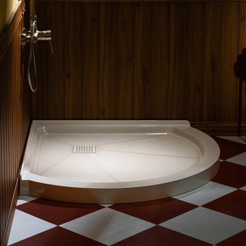 BOIS 36 po X 36 po Base de douche ronde à angle solide de style néo-angle en blanc avec couvercle de drain, Chrome/blanc