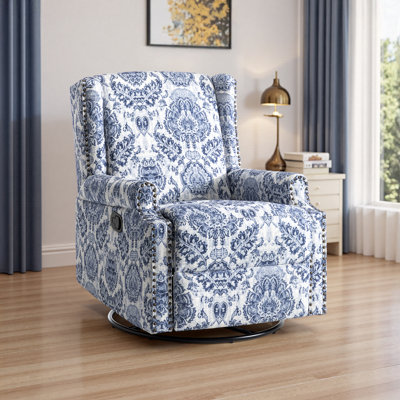 Upholstered Classic Wing Back Manual Handle Swivel Rock Glider Recliner with Naihead Trims